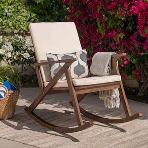 Gus Dark Brown Wood Outdoor Patio Rocking Chair with Cream Cushion