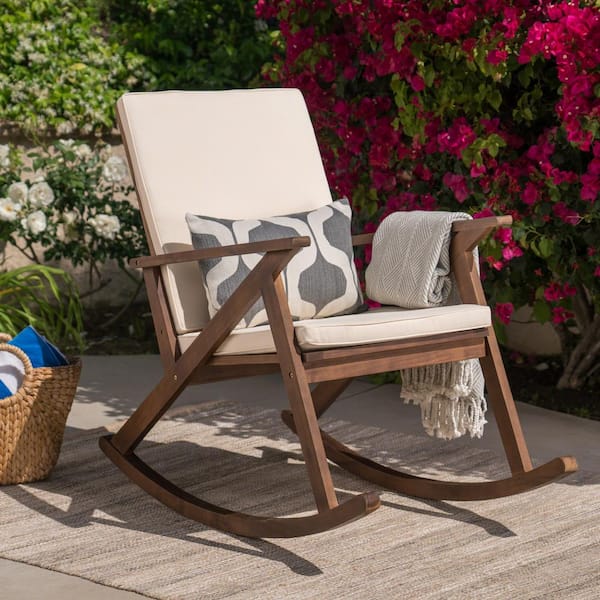 Noble House Gus Dark Brown Wood Outdoor Patio Rocking Chair With Cream 