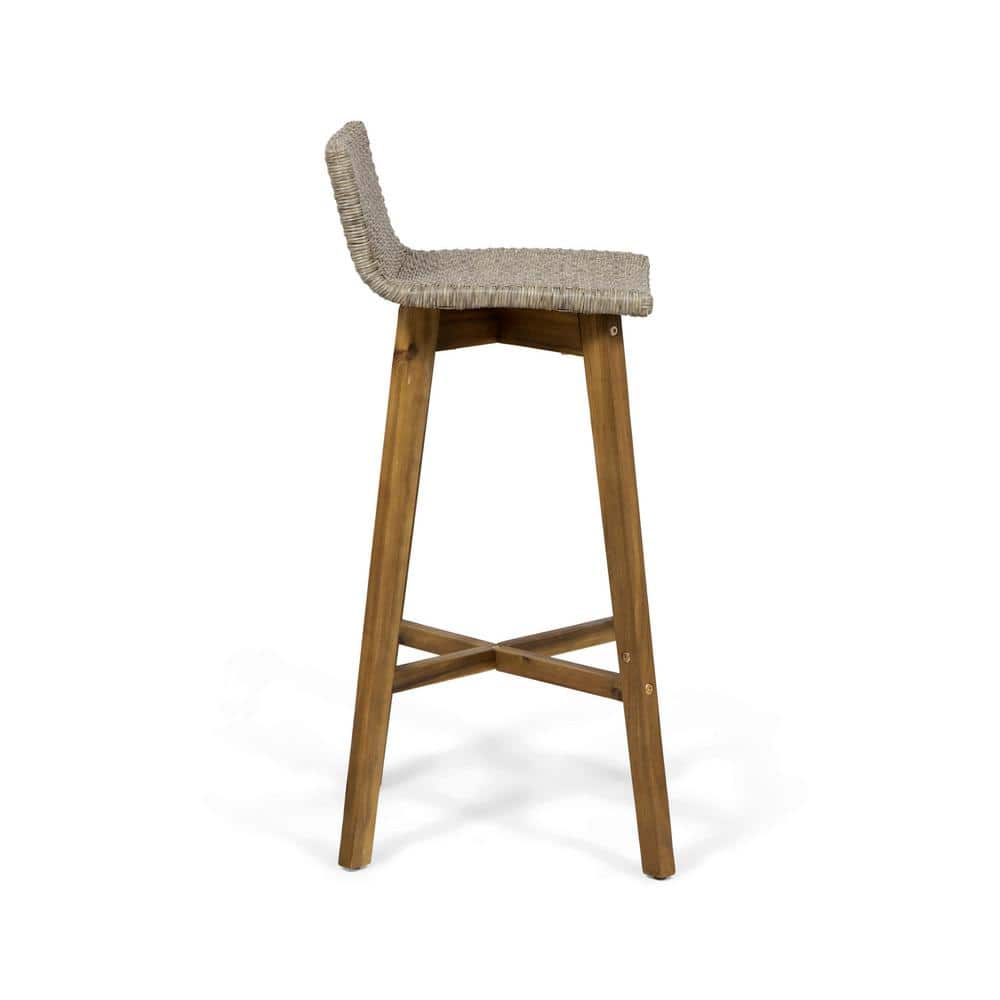 Light Brown Acacia Wood and Wicker Outdoor Barstools, Set of 2