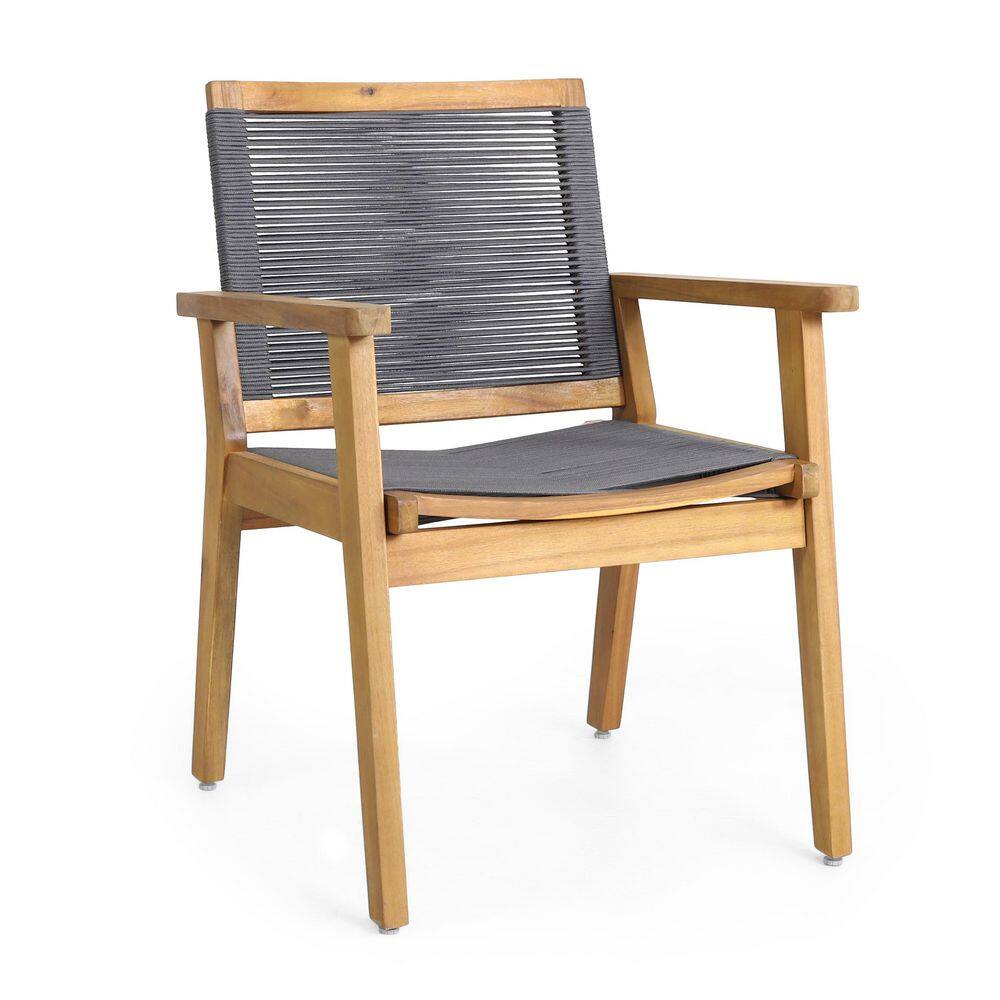 2-Piece Acacia Wood Outdoor Dining Chairs with Dark Grey Rope Weave Seats, 