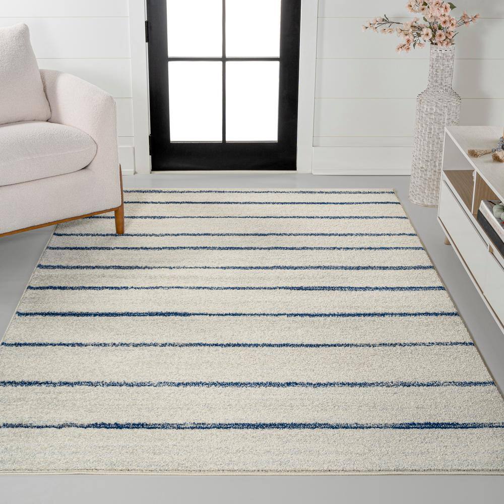 Cream and Navy Stripe Synthetic 4' x 6' Area Rug
