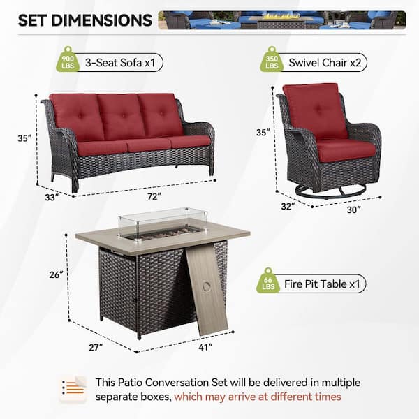 4-Piece Brown Wicker Fire Pit Conversation Set with Olefin Red Cushions and 2 Swivel Glider Chairs and Couch