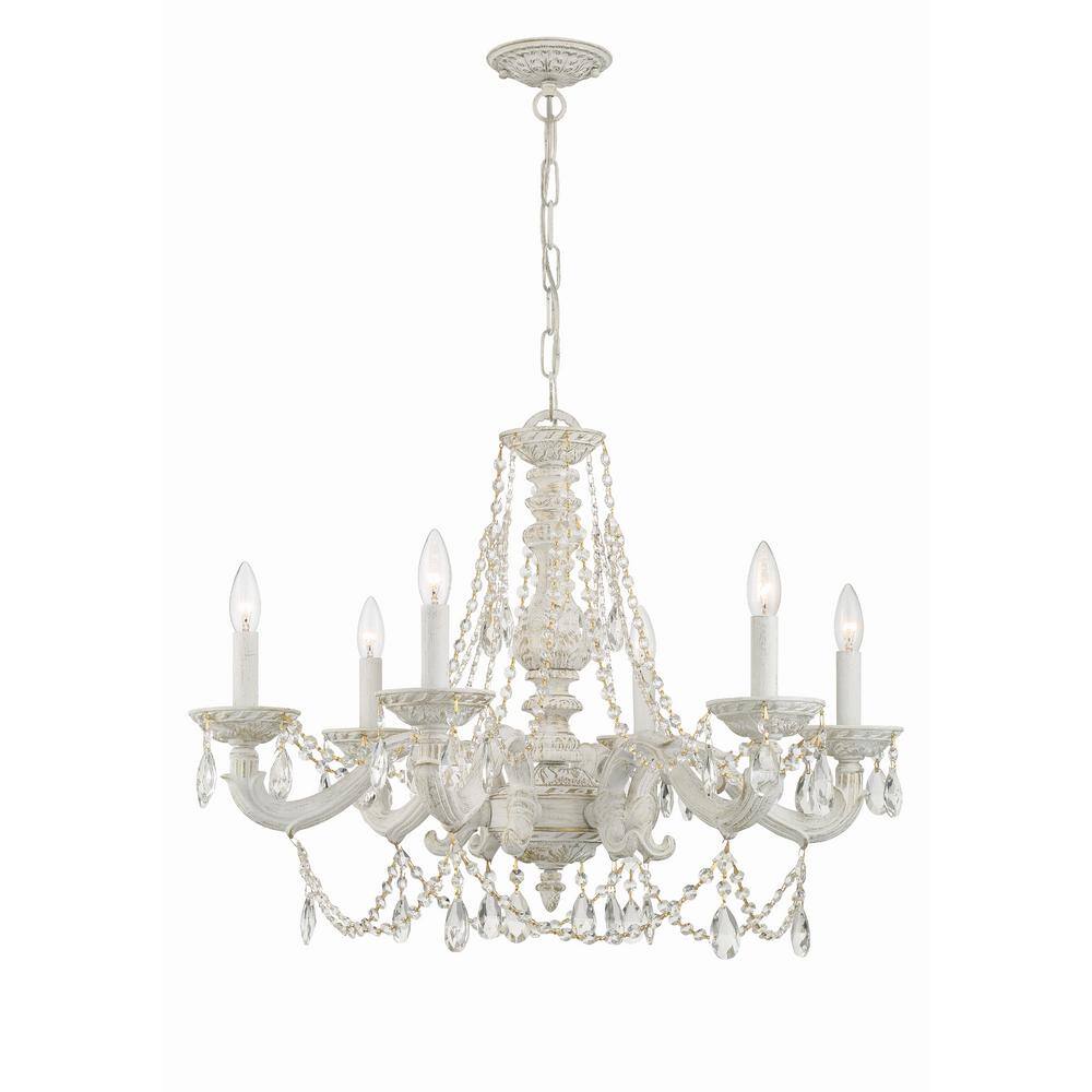 Antique White 6-Light Chandelier with Clear Italian Crystals