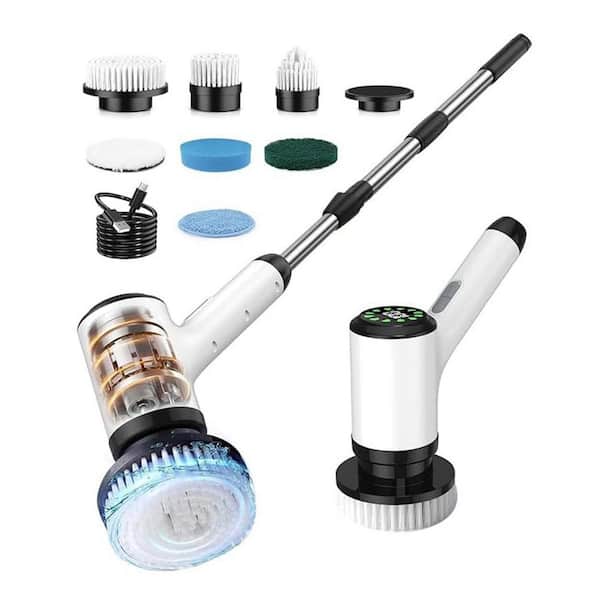 Cordless Automatic Floor Scrubbers with 7 Brush Heads, Extendable Stainless Steel Handle, IPX7 Waterproof, White