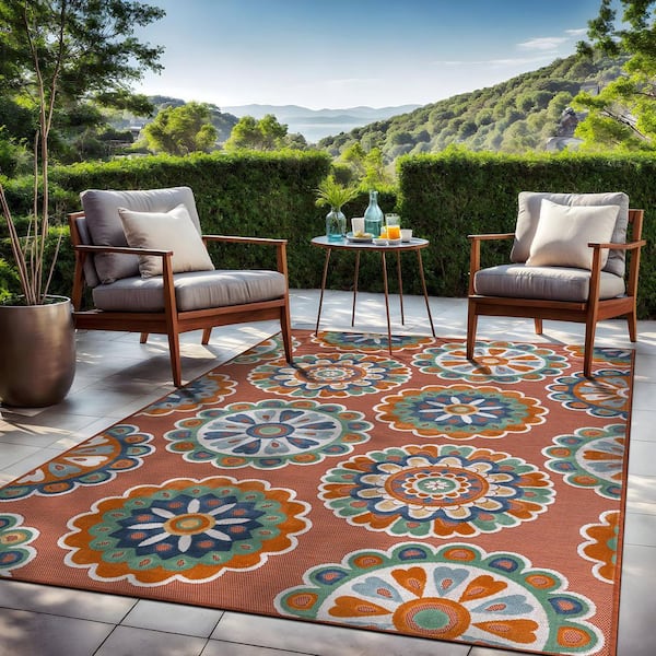Mandala  5 ft. x 7 ft. Orange Washable Bohemian Medallion Indoor Outdoor Area Rug