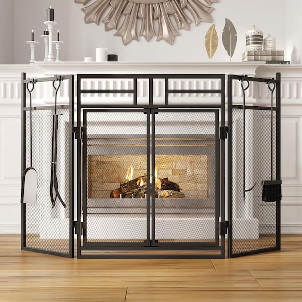 48.8 in. Iron 4-Panel Durable Fireplace Screen with Doors, Tools and Heavy Guage Mesh
