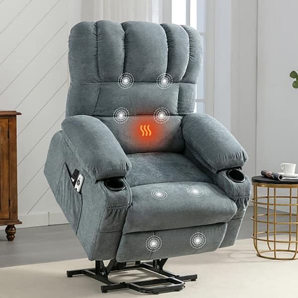 Blue Chenille Overstuffed Wide Power Lift Recliner Chair with Massage and Heat for Elderly