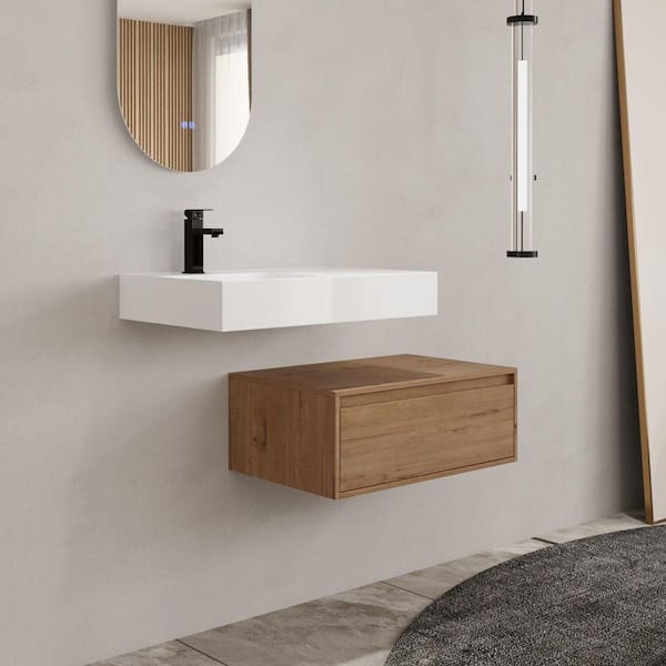 Jacques 29.5 in. W x 18.1 in. D x 15.8 in. H Floating Bath Vanity in Imitative Oak with White Resin Vanity Top
