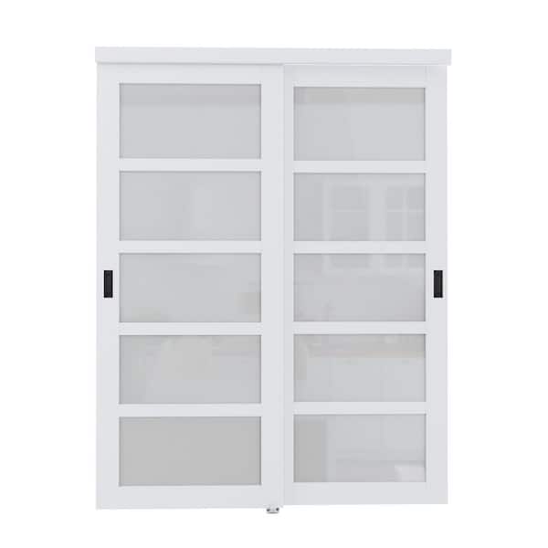 60 in. x 80 in. 5-Lite Frosted Glass Primed White MDF Interior Closet Sliding Door Black Handles and Hardware