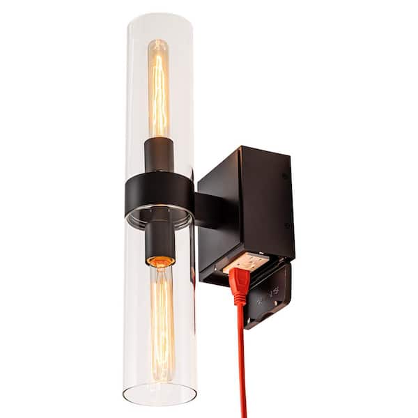 C Cattleya 2-Light Black Wall Sconce with GFCI Outlet and Clear Glass Tubes