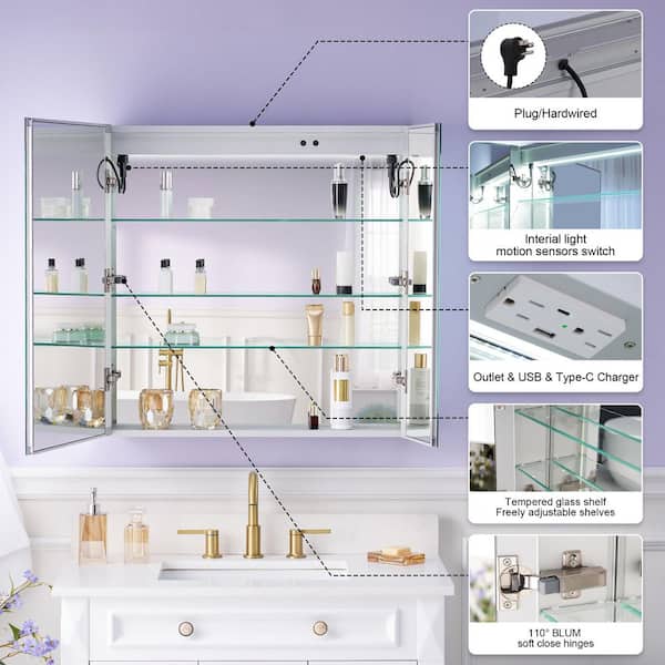 30 in. W x 30 in. H Rectangular Aluminum Recessed or Surface Mount Medicine Cabinet with Mirror and Lighted,Double Doors