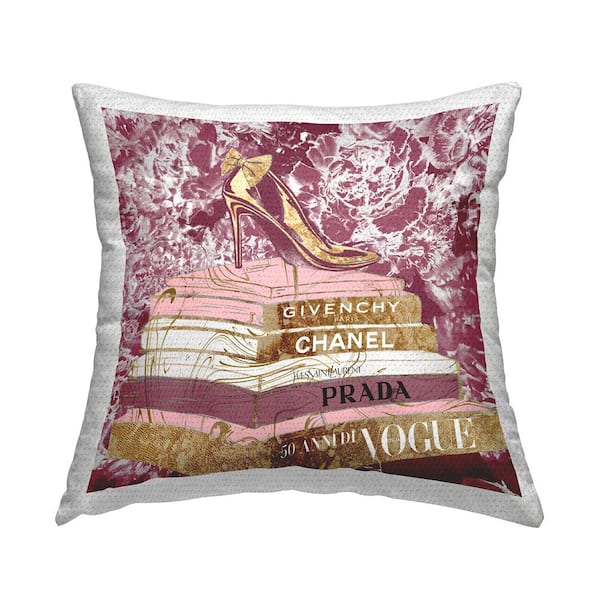 Stupell Industries Pink Glitz Heel on Designer Books Fashion Glam Floral Printed Pillow Pink Square Outdoor Throw Pillow