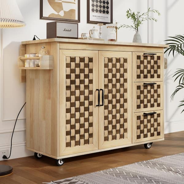 Nature Woven Checkerboard Pattern Drop Leaf Rubber Wood Tabletop 53 in. Kitchen Island with Power Outlet