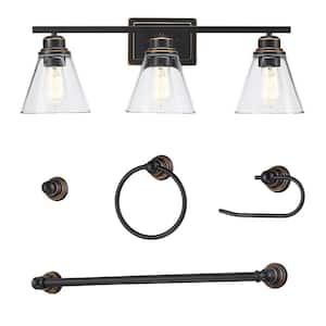 26 in. 3-Light with Oil Rubbed Bronze Vanity Light and Clear Glass Shade and Bath Set (5-Piece)
