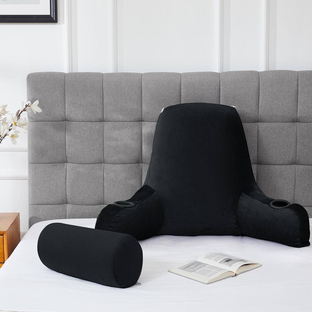 Extra Large Black Velvet Reading Pillow with Cup Holders