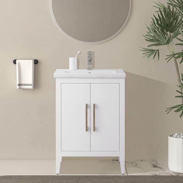 24 in. W x 18.5 in D x 34 in. H Single Sink Bathroom Vanity Cabinet in White with Ceramic Top