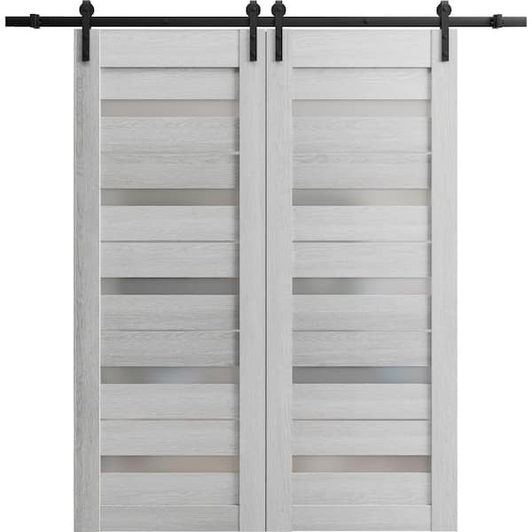 Sartodoors 24 in. x 84 in. 2 Panel Frosted Glass Light Grey Oak Solid MDF Sliding Barn Door with Hardware Kit