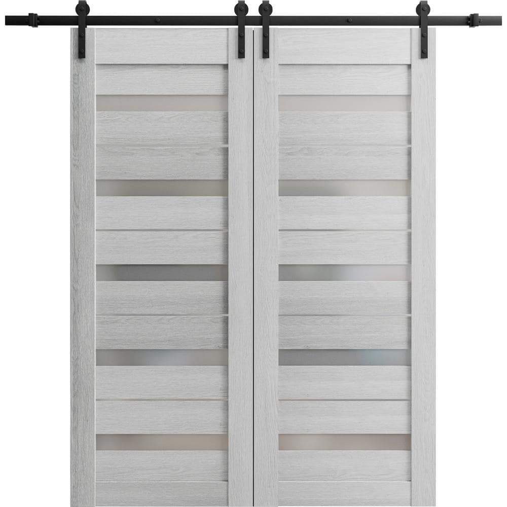 Assemble Required 30 in. x 84 in. 2 Panel Frosted Glass Light Grey Oak Solid Wood Sliding Barn Door with Hardware Kit price history on PriceWatchPro
