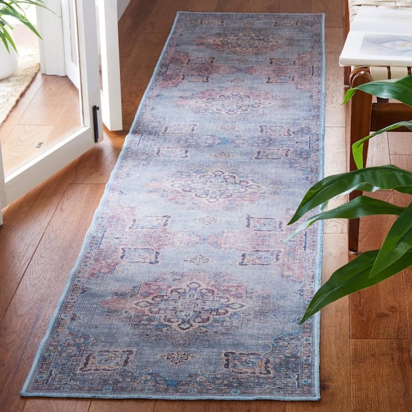 Serapi Ivory/Blue 2 ft. x 9 ft. Machine Washable Geometric Distressed Runner Rug