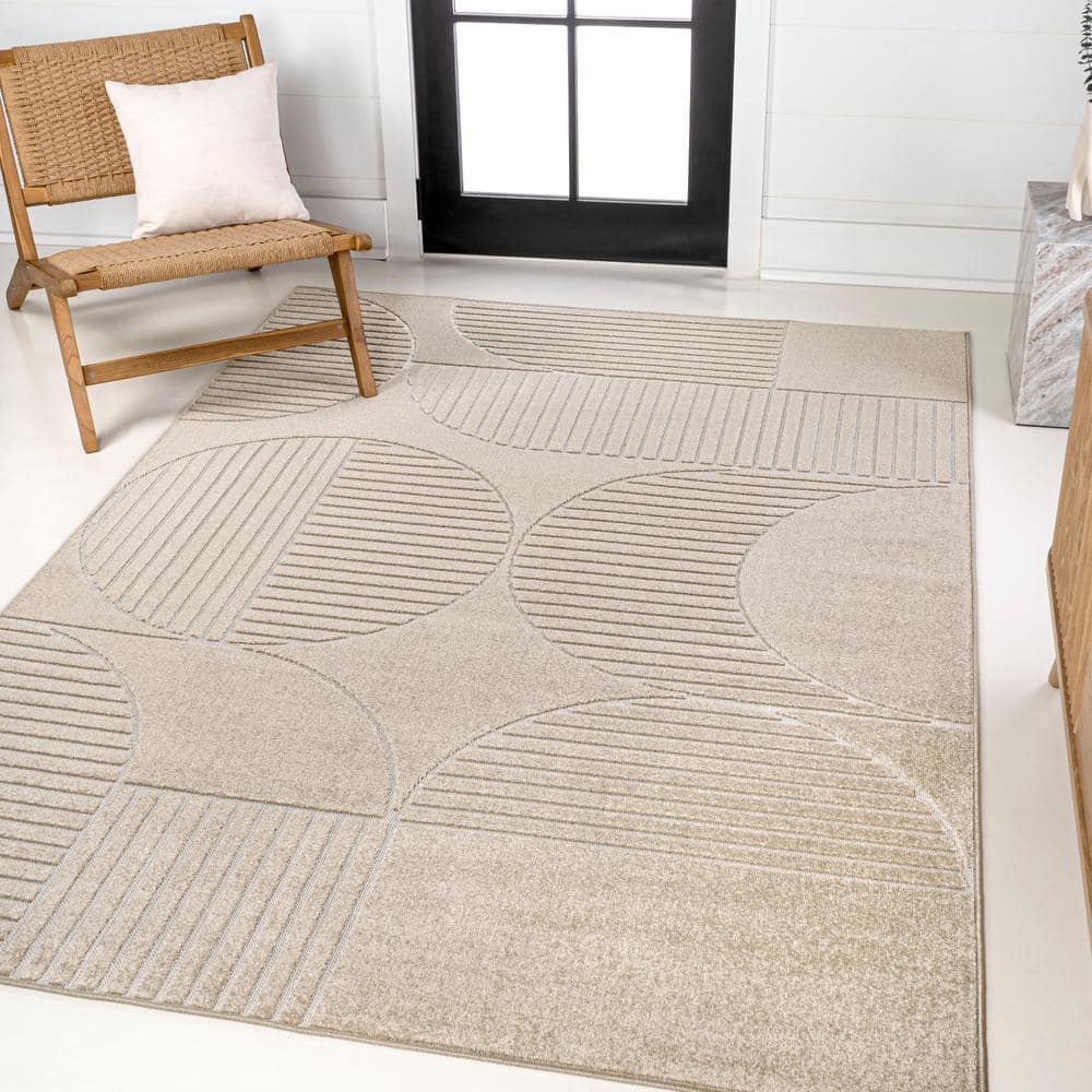 Beige and Cream Geometric High-Low Indoor/Outdoor Rug 3x5