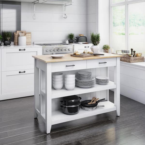 Twin Star Home White Kitchen Island with Open Shelves KI10890