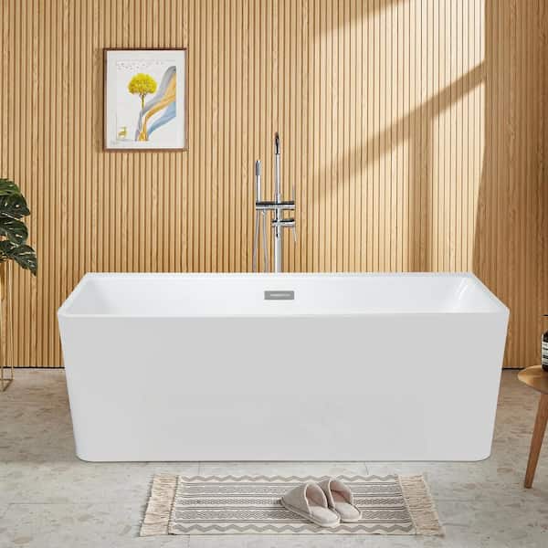Satico 55 in. Acrylic Rectangle Flatbottom Freestanding Non-Whirlpool Soaking Bathtub in White