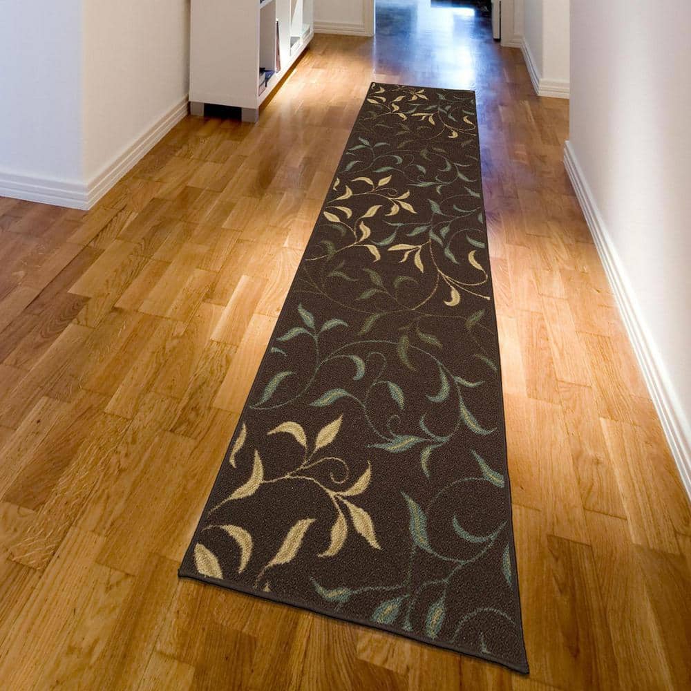 Dark Brown Runner Rug with Beige and Green Leaves Design