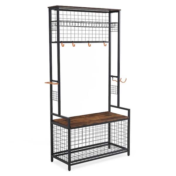 Brown Metal Clothes Rack Sports Equipment Organizer 33.4 in. W x 67 in. H, with Adjustable Hooks, Shelves, Compartments