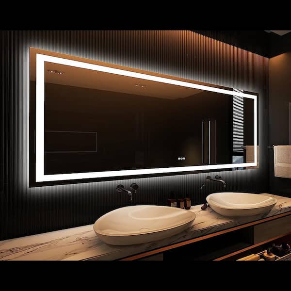 Unbranded Vanity Trident 84 in. W x 32 in. H Rectangular Frameless LED Wall Mount Bathroom Vanity Mirror with Touch Dimmer