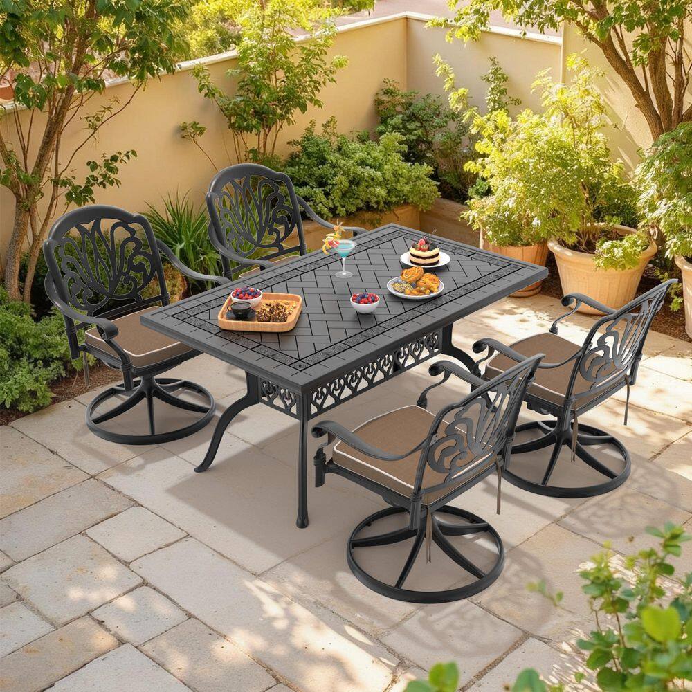 Black 5-Piece Cast Aluminum Outdoor Dining Set with 4 Swivel Rockers with Brown Cushion and Rectangular Table