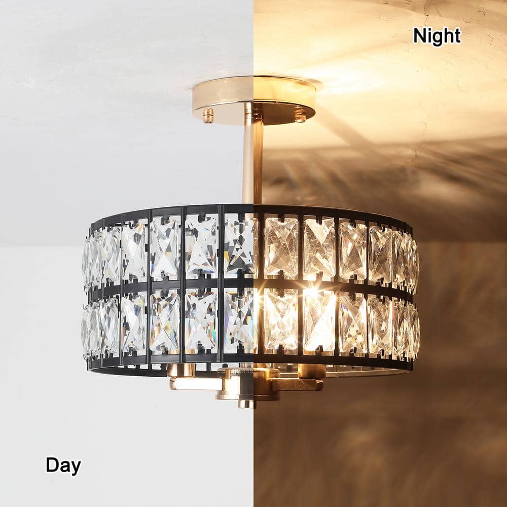 Black Metal and Crystal Drum Semi-Flush Mount Ceiling Light