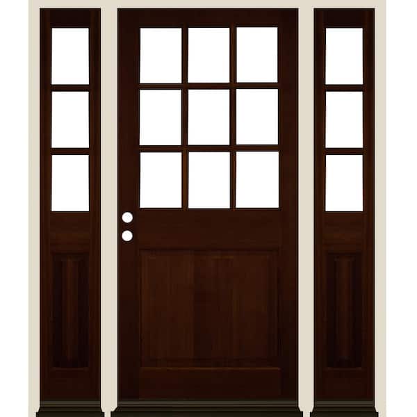 Krosswood Doors 64 in. x 80 in. Farmhouse 9-Lite Clear Glass Right Hand Red Mahogany Stain Hemlock Wood Prehung Front Door w/ DSL