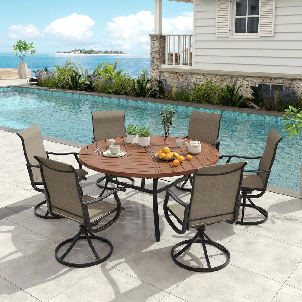 7-Piece All-Weather Metal Outdoor Patio Dining Set with 50 in. Walnut Round Table and 6 Brown Swivel Chairs price history on PriceWatchPro