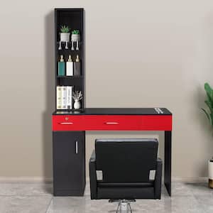 Black, Red Barber Station Wall Mount Salon Hair Styling Beauty Spa Equipment with 2-Drawers, 1-Storage Cabinet 3-Shelves