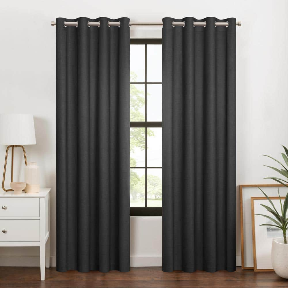 Eclipse Larissa Onyx Black Polyester Solid 50 in. W x 63 in. L Grommet 100% Blackout Curtain (Single Panel)