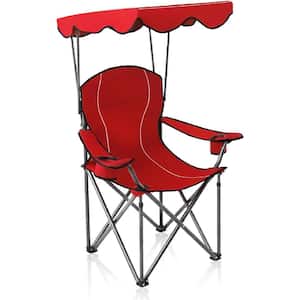 Red Steel Folding Beach Chair with Shade Canopy Camping Recliner Support with 350 lbs. Capacity