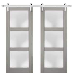 2552 36 in. x 80 in. 3 Panel Gray Finished Pine Wood Sliding Door with Double Barn Stainless Hardware