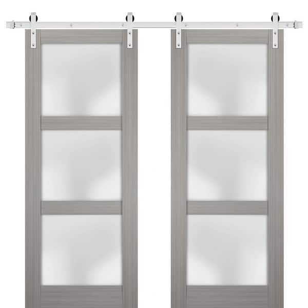 Sartodoors 2552 48 in. x 80 in. 3 Panel Gray Finished Pine Wood Sliding Door with Double Barn Stainless Hardware