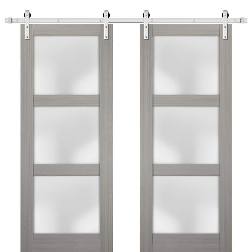 Assemble Required 2552 48 in. x 96 in. 3-Panel Gray Finished Pine Wood Sliding Door with Double Barn Stainless Hardware price history on PriceWatchPro