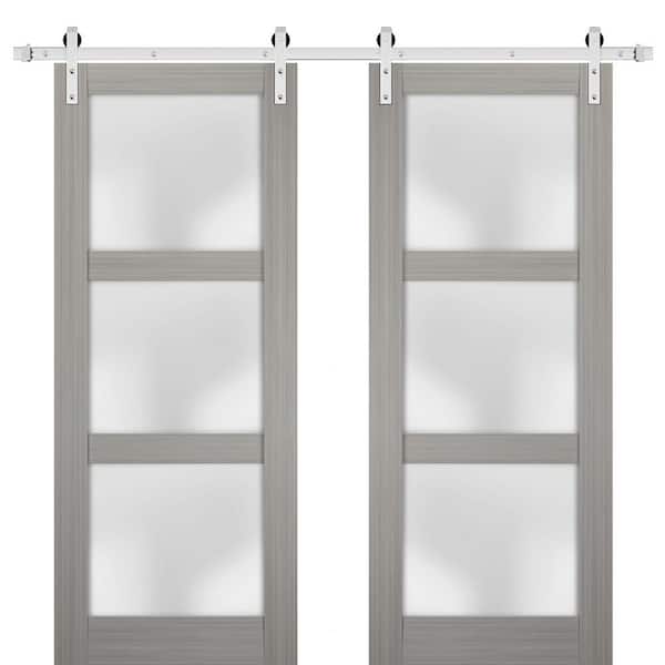 72 in. x 96 in. 3-Panel Gray Finished Pine Wood Sliding Door with Double Barn Stainless Hardware