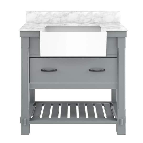 VANITYFUS Solid Wood 36 in. W x 21 in. D x 39.3 in. H Single Sink Bath Vanity in White with Carrara Gray Natural Marble Top