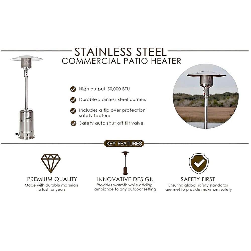 Stainless Steel 50,000 BTU Propane Patio Heater with Wheels