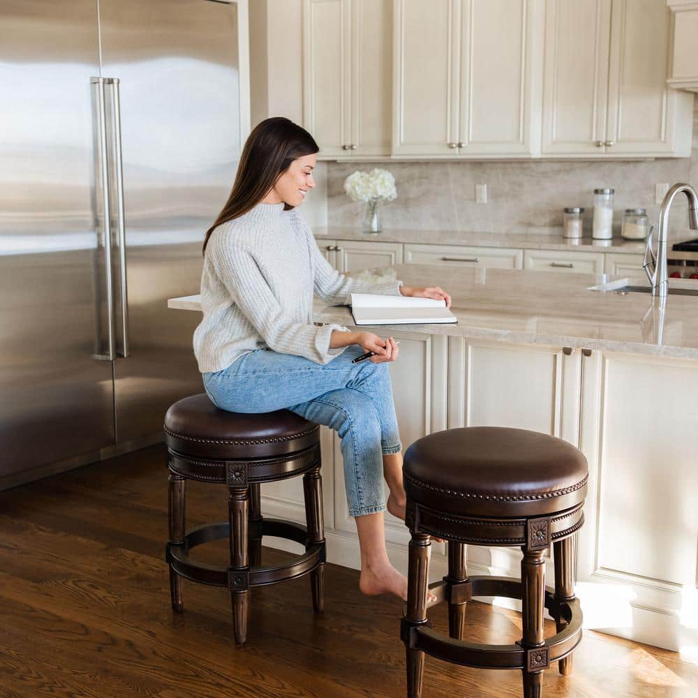 Dark Walnut Backless Swivel Counter Stool with Leather Seat