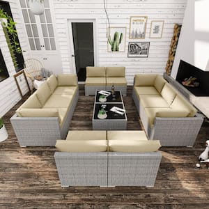 12-Piece Wicker Outdoor Patio Conversation Seating Sofa Set with Coffee Table, Beige Cushions