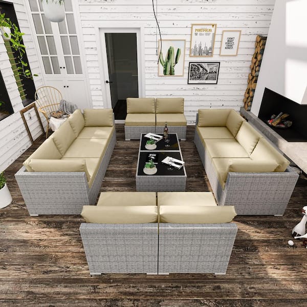EAGLE PEAK 12-Piece Wicker Outdoor Patio Conversation Seating Sofa Set with Coffee Table, Beige Cushions