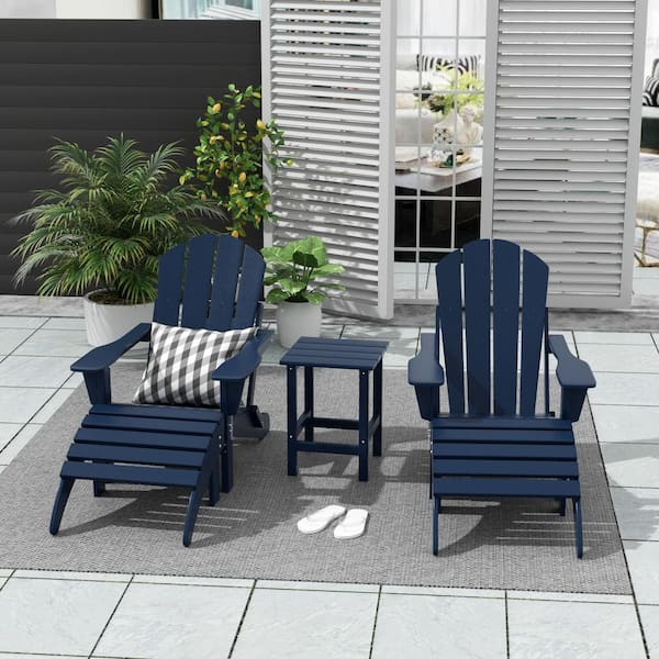 Laguna (5-Piece) Outdoor Patio Classic HDPE Folding Adirondack Chair with Ottoman and Side Table Set in Navy Blue