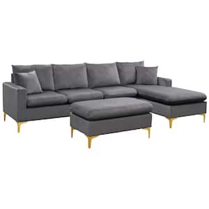 110.6 in.W Square Arm Velvet L Shaped Combination Sofa With Ottoman in Gray