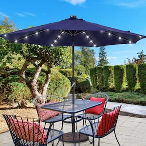 9 ft. Solar LED Market Patio Umbrellas with Solar Lights and Tilt Button in Navy Blue