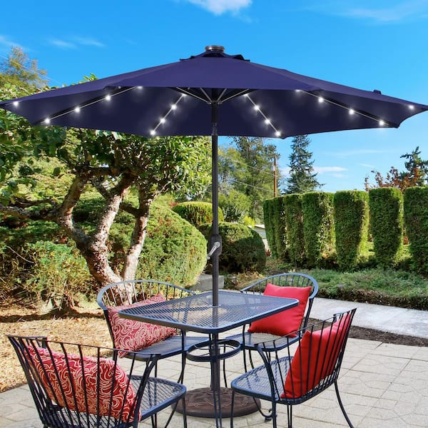 9 ft. Solar LED Market Patio Umbrellas with Solar Lights and Button in Navy J-UM-098L-LED - The Home
