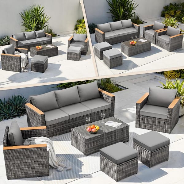 Tenleaf 6-Piece Gray Wicker Patio Conversation Set with Gray Cushions